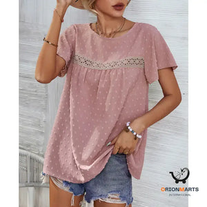Short Sleeve Summer Tops Blouse Solid Color Lace Babydoll