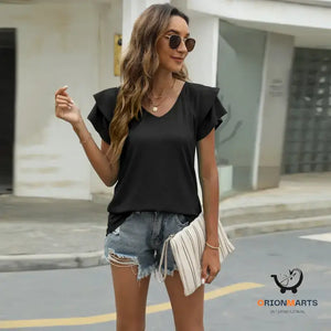 Ruffle Short Sleeve T Shirt Blouses Solid Color Summer Tops