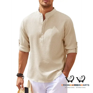 Men’s Casual Shirt Long Sleeve Stand Collar Solid Color
