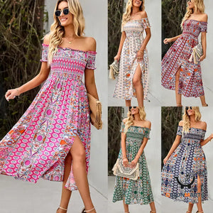 Women’s Dress Boho Floral Print Off Shoulder Split Long
