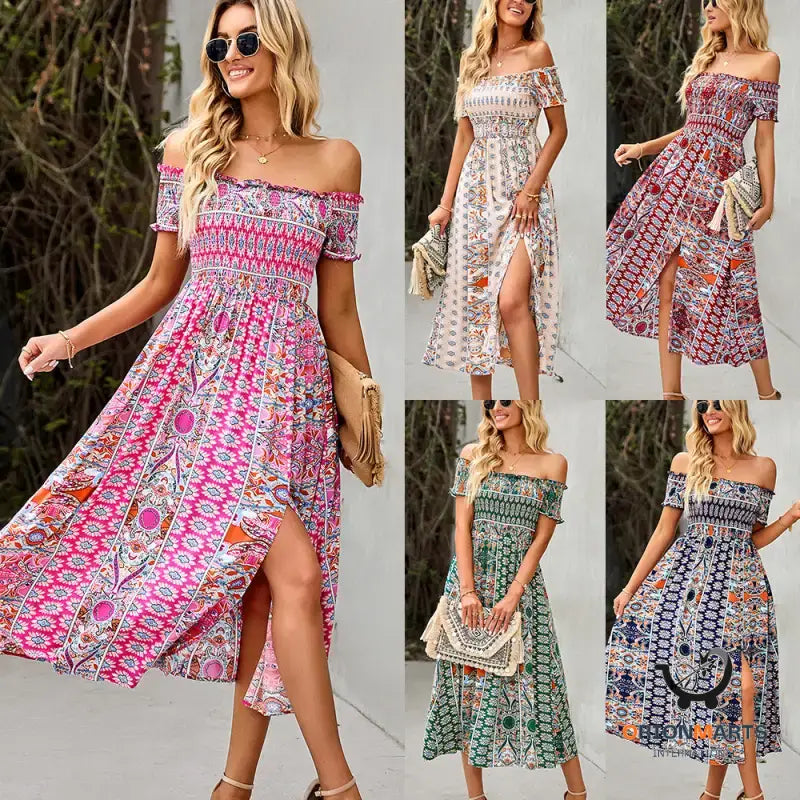 Women’s Dress Boho Floral Print Off Shoulder Split Long