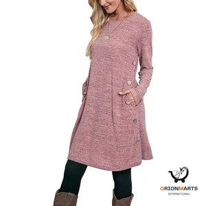 Colored Cotton Knitted Long-sleeved Buttoned Pocket A-line