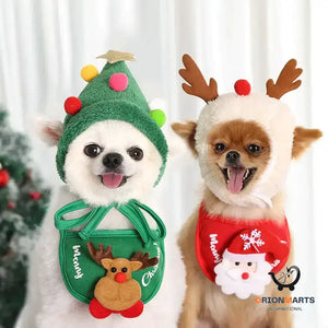 Christmas Hat and Saliva Towel Bib for Dog and Cat Pets