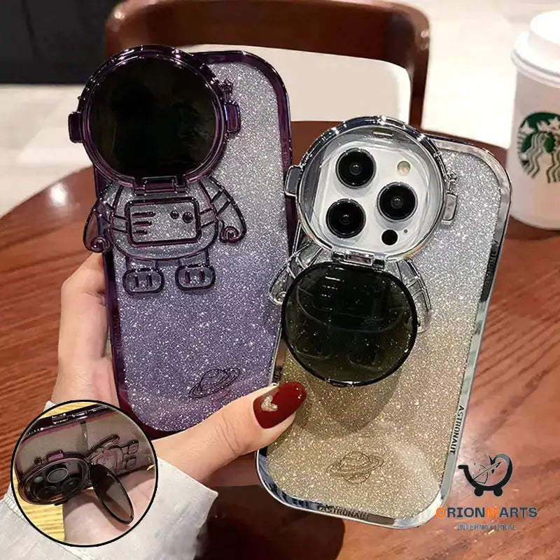 Glitter Astronaut Camera Stand Phone Case For iPhone 14 13