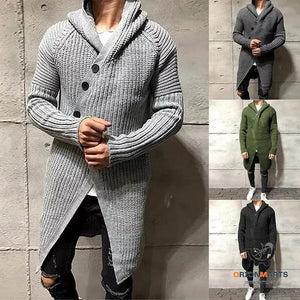 Long Knitted Hooded Sweater Coat Men Solid Color Button