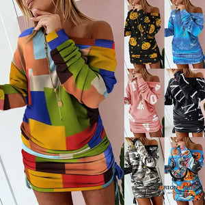Women’s Color-clash Print Irregular Long-sleeved Dress