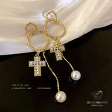 Silver Pearl Cross Tassel Geometric Earrings