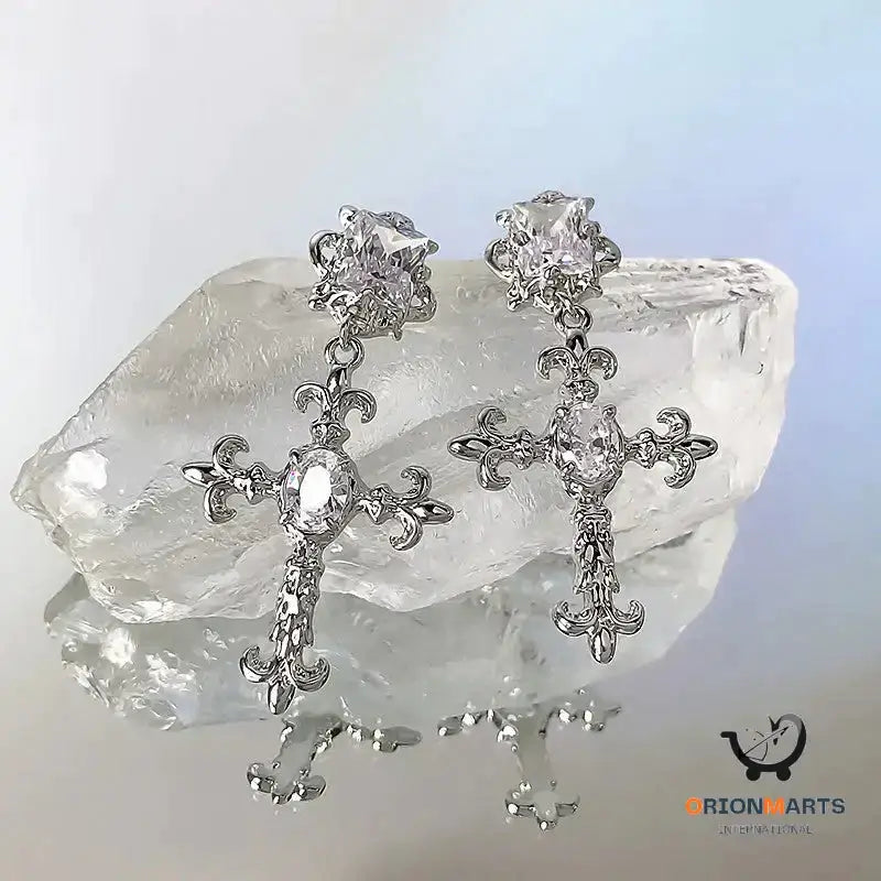 Frosty Silver Needle Zircon Cross Earrings