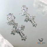 Frosty Silver Needle Zircon Cross Earrings