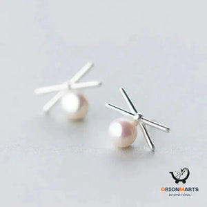 Pearl Cross Line Stud Earrings