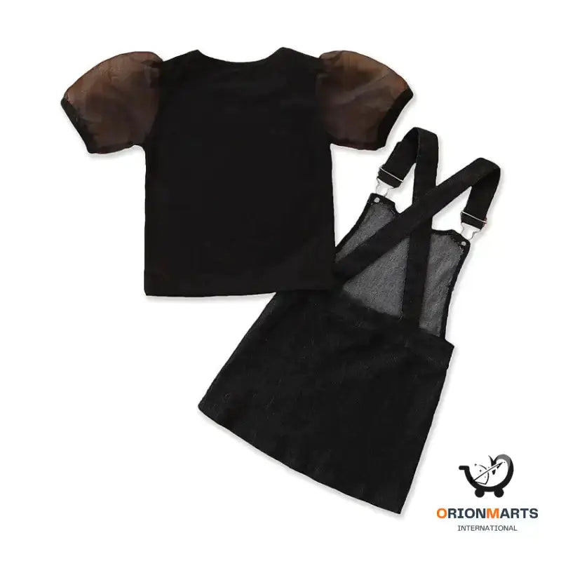 Black T-shirt Denim Suspender Skirt Girls’ Suit
