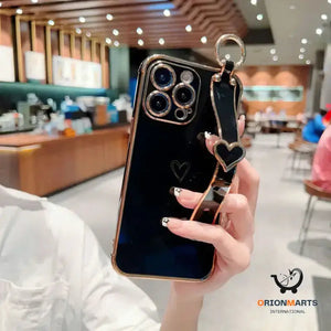 Electroplated Hollow Heart Phone Case with Wrist Strap