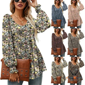 Long Puff Sleeve Tops Women Flowers Print Casual V-Neck